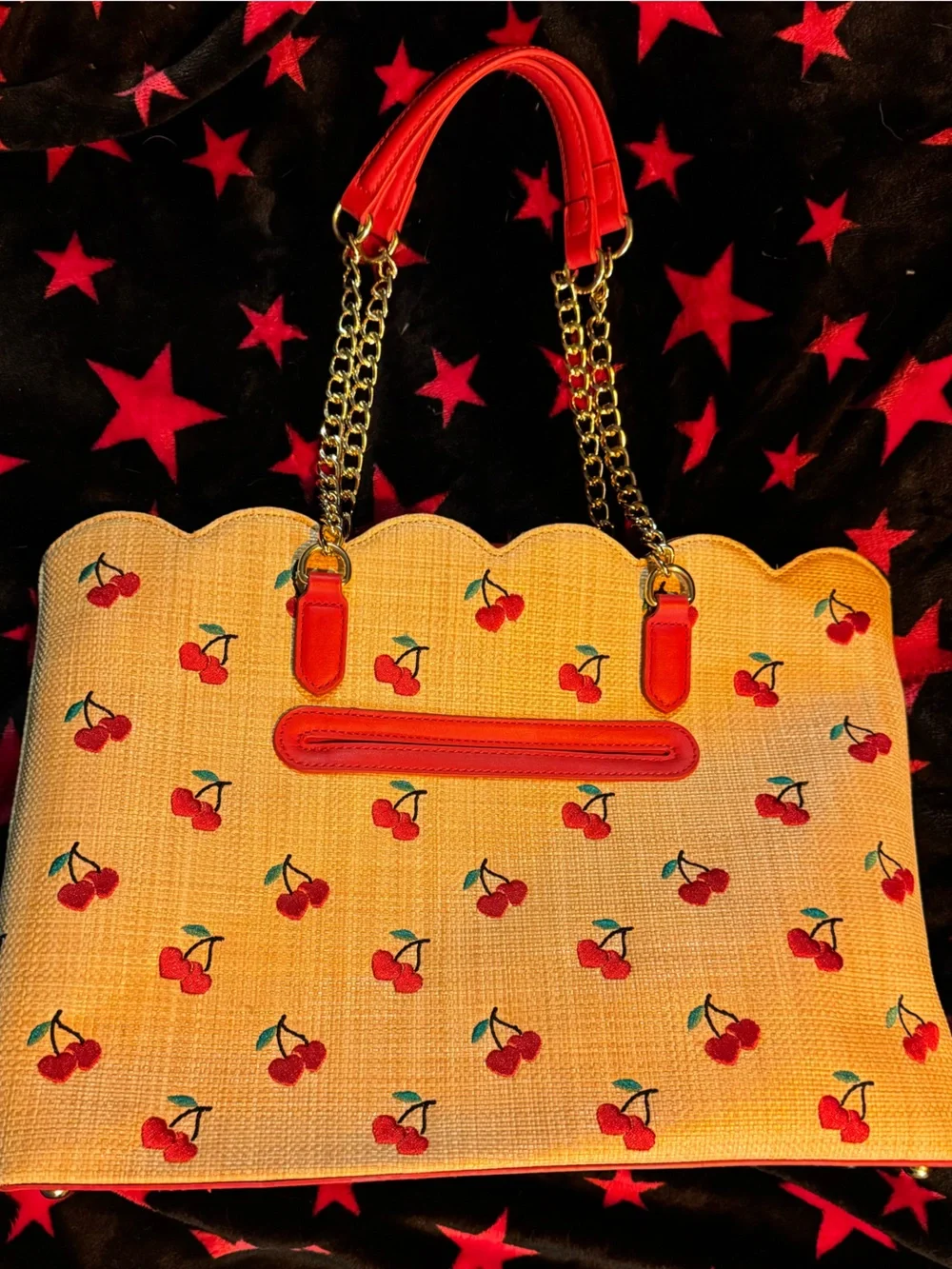 Betsey Johnson Red Cherry Straw Tote with Pink Charm